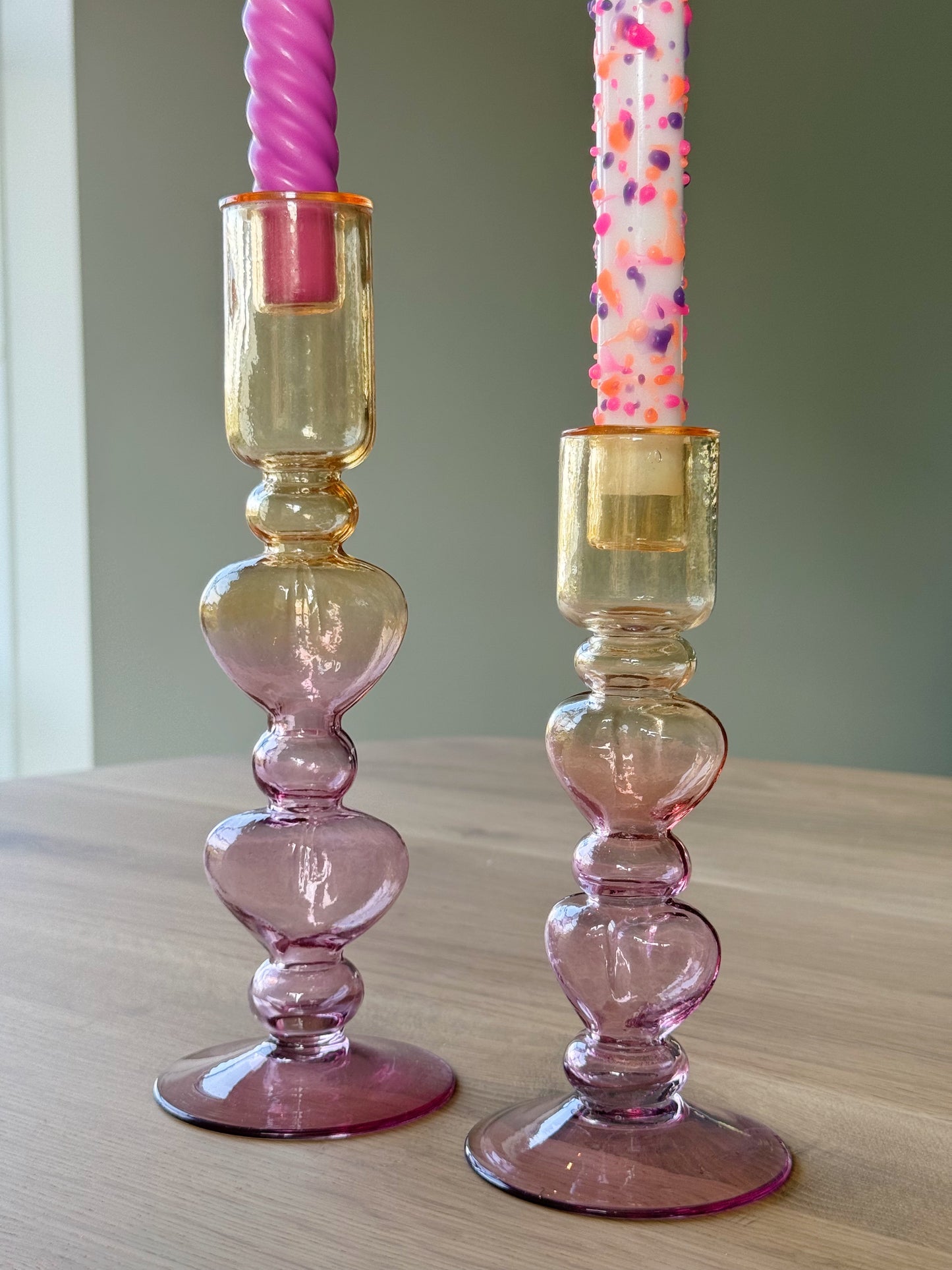 glazen kandelaars geel roze