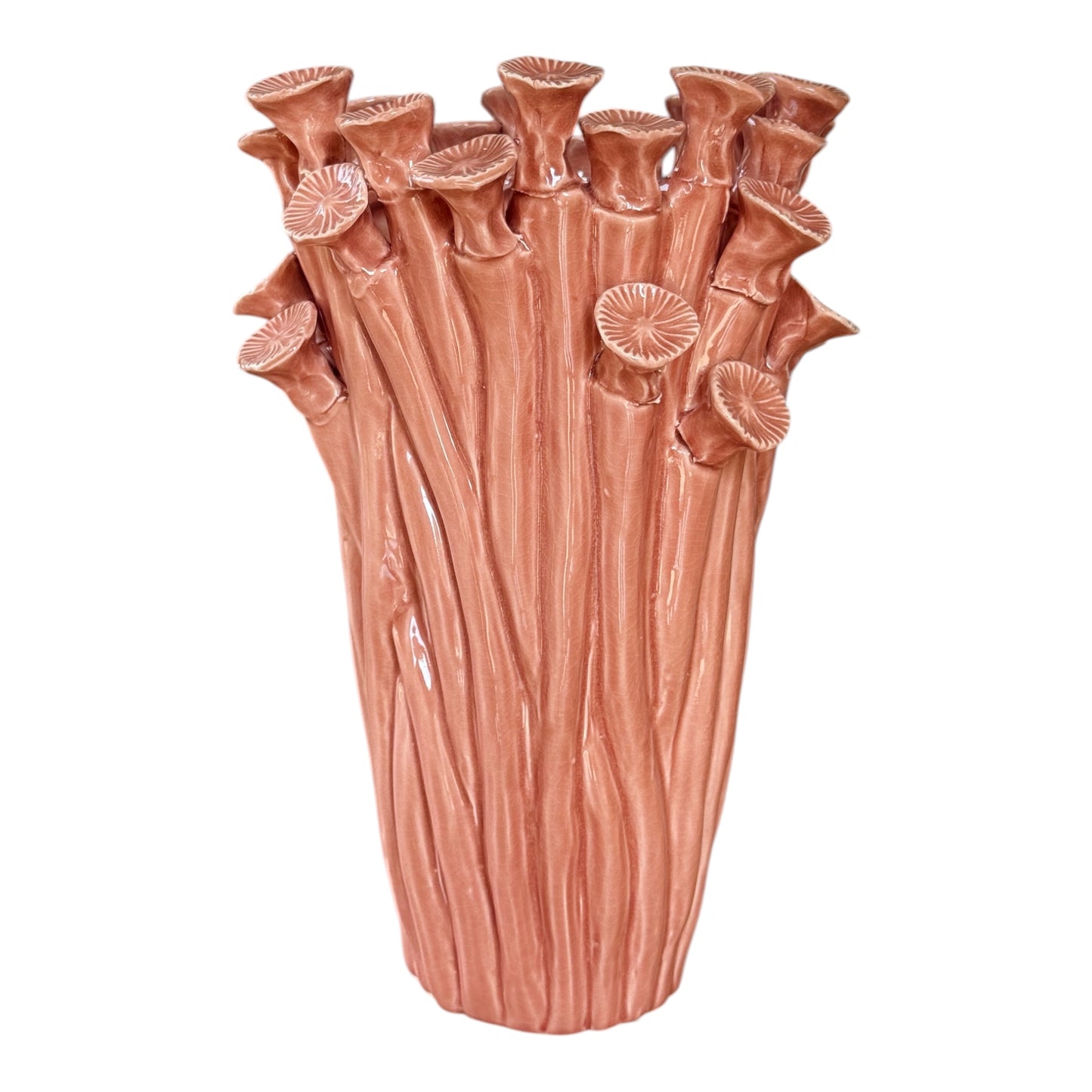 roze vaas met kleine paddenstoelen